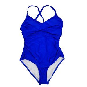 Womens B2prity Blue One-Piece Swimsuit Tags Size L Cross Back Straps Ruched Desi